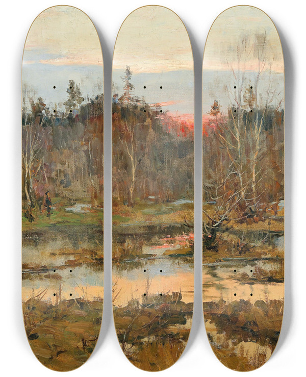 Triptych art skateboard deck of Julius Sergius Klever On A Hunt by Julius Sergius Klever (1850-1924)