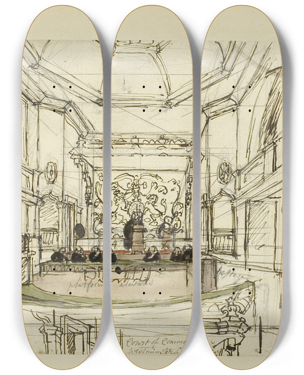 Triptych art skateboard deck of Augustus Charles Pugin Study For Court Of Common Pleas Westminster Hall From Microcosm Of London by Augustus Charles Pugin (1762-1832)