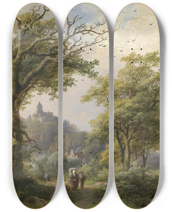 Triptych art skateboard deck of Johann Bernhard Klombeck Wanderer Am Bach by Johann Bernhard Klombeck (1815-1893)