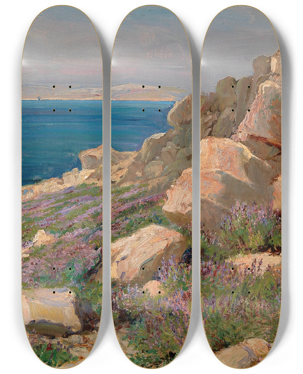 Triptych art skateboard deck of Menci Clement Crni Coastal Landscape In Croatia by Menci Clement Crncic (1865-1930)