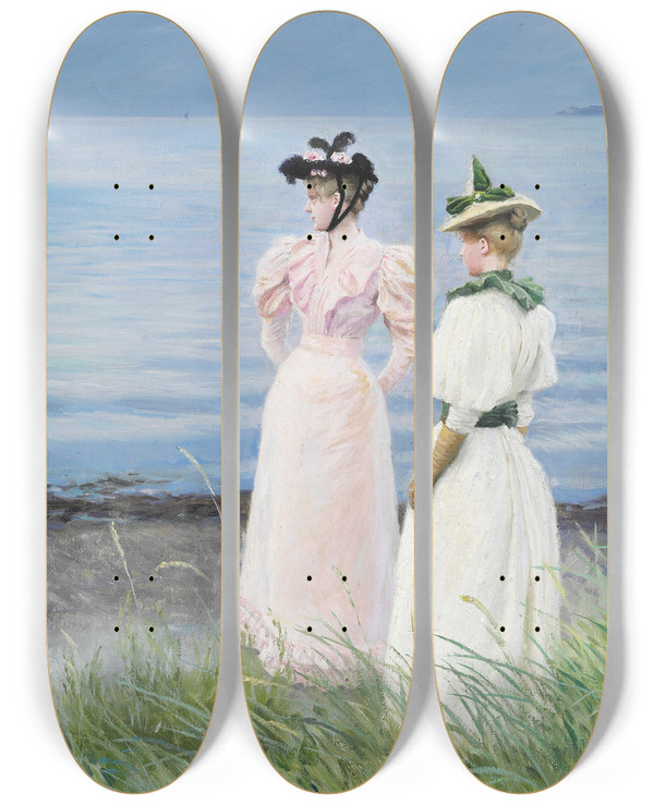 Triptych art skateboard deck of Paul Fischer Ved Stranden I Hellerup Frk Elisabeth Fischer Og Frk Anna Pauline Bruun En Sommerdag P Stranden I Hellerup by Paul Fischer (1860-1934)