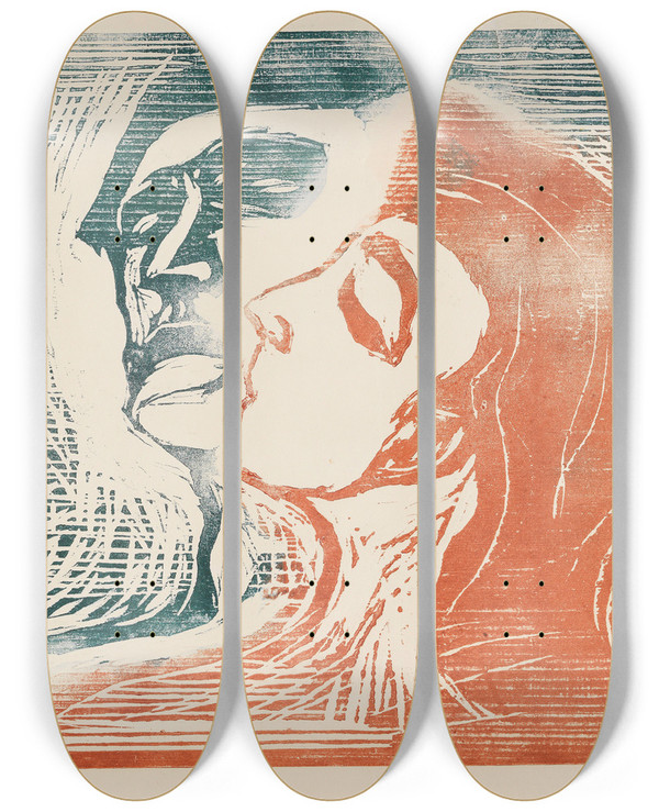 Triptych art skateboard deck of Edvard Munch Head By Head Man And Woman Kissing by Edvard Munch (1863-1944)