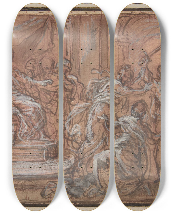 Triptych art skateboard deck of Giuseppe Passeri The Judgment Of Solomon by Giuseppe Passeri (1654-1714)