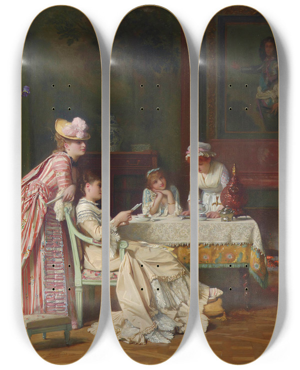 Triptych art skateboard deck of Charles Baugniet A Letter Of Recommendation by Charles Baugniet (1814-1886)