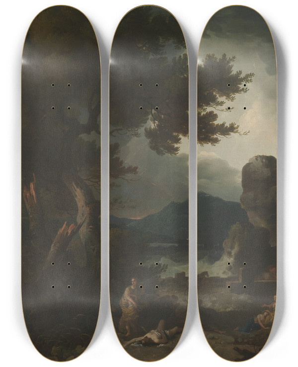 Triptych art skateboard deck of Richard Wilson The Destruction Of Niobes Children_1 by Richard Wilson (1714-1782)