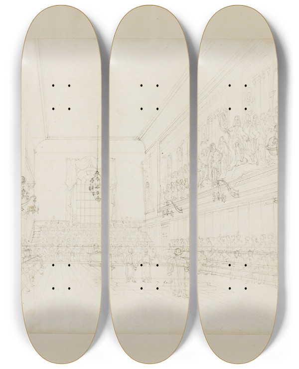 Triptych art skateboard deck of Augustus Charles Pugin Study For The Hall Blue Coat School From Microcosm Of London by Augustus Charles Pugin (1762-1832)