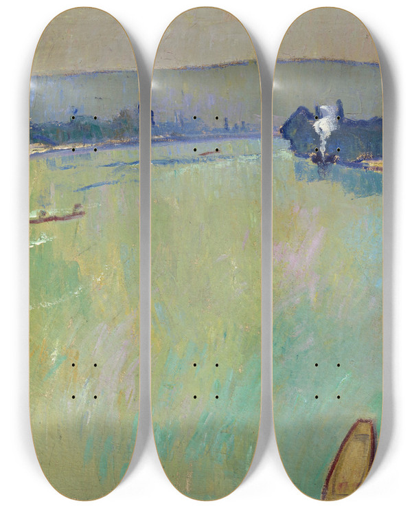 Triptych art skateboard deck of Arnold Fiechter Landscape At The Rhine View From The Bridge by Arnold Fiechter (1879-1943)