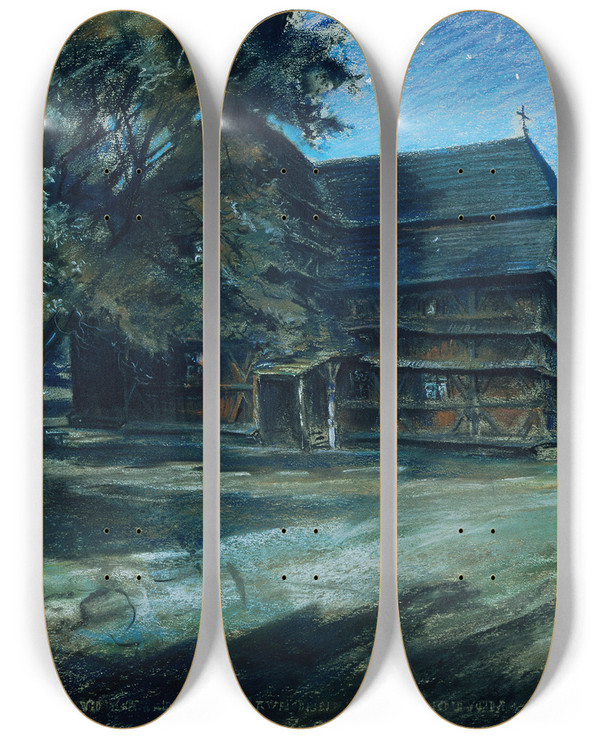 Triptych art skateboard deck of Ludwig Michalek Holzkirche by Ludwig Michalek (1859-1942)