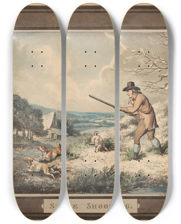 Triptych art skateboard deck of Samuel Howitt Snipe Shooting_2 by Samuel Howitt (1756-1822)