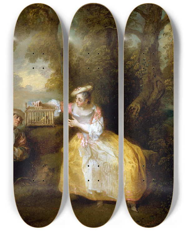 Triptych art skateboard deck of Nicolas Lancret The Captive Bird by Nicolas Lancret (1690-1743)