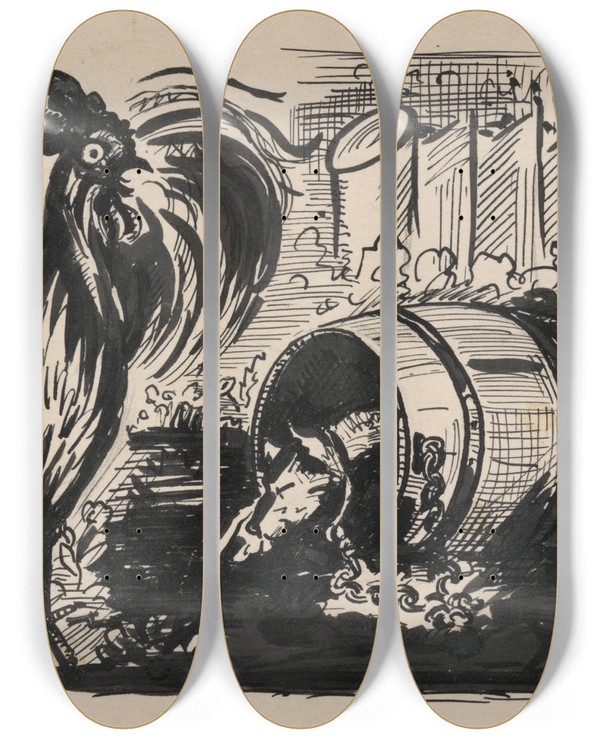 Triptych art skateboard deck of Arnold Peter Weiszkubnan The Cock And The Dog by Arnold Peter Weisz-Kubnan (1898-1944)