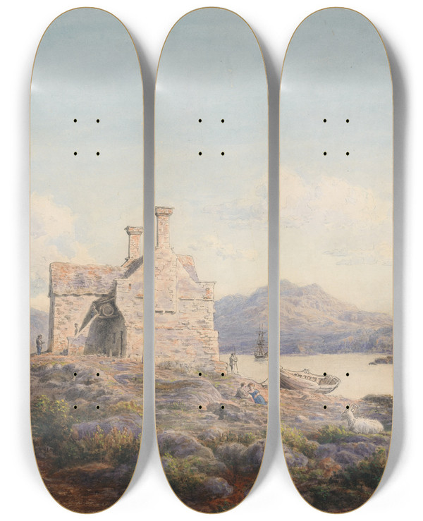 Triptych art skateboard deck of Cornelius Varley Talsarnau North Wales by Cornelius Varley (1781-1873)