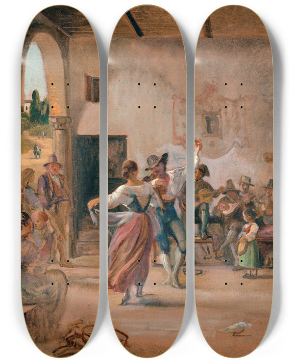 Triptych art skateboard deck of Wilhelm Marstrand Dance In An Osteria by Wilhelm Marstrand (1810-1873)