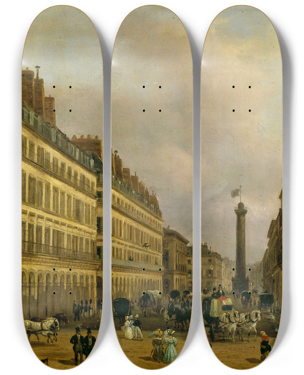 Triptych art skateboard deck of Giuseppe Canella La Rue De Castiglione by Giuseppe Canella (1788-1847)