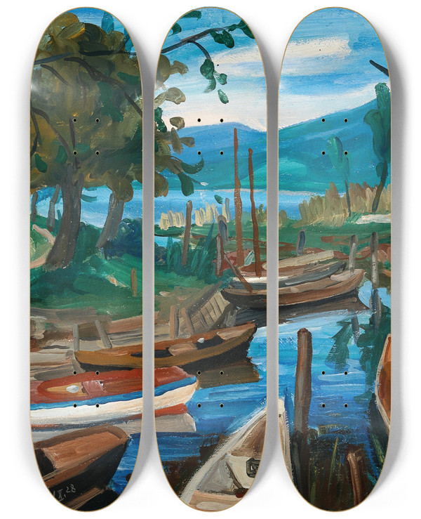 Triptych art skateboard deck of Rudolf Wacker Bodenseelandschaft by Rudolf Wacker (1893-1939)
