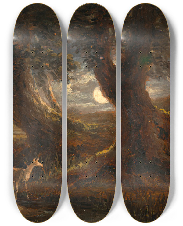 Triptych art skateboard deck of Joseph Mssmer Waldpartie Bei Mondlicht by Joseph Mossmer (1780-1845)
