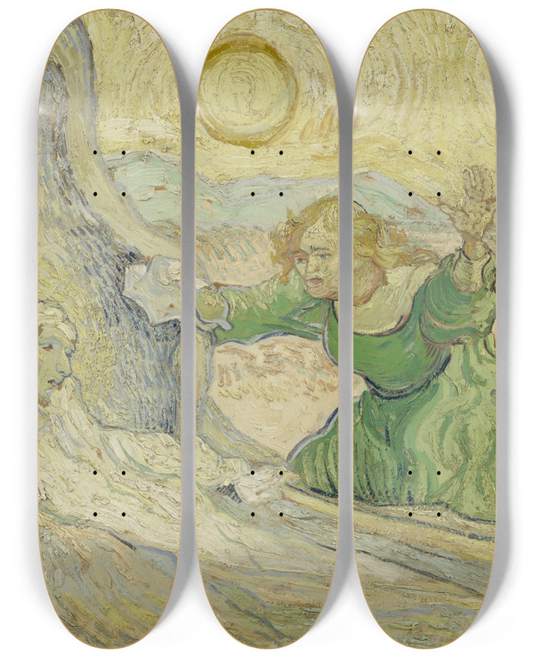 Triptych art skateboard deck of Vincent Van Gogh The Raising Of Lazarus After Rembrandt by Vincent van Gogh (1853-1890)