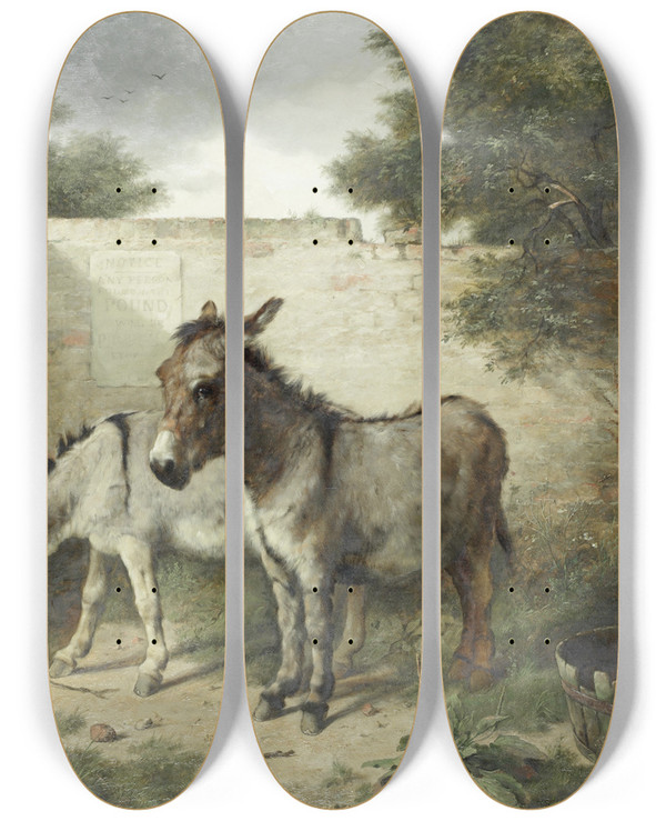 Triptych art skateboard deck of Walter Hunt In The Pound by Walter Hunt (1861-1941)