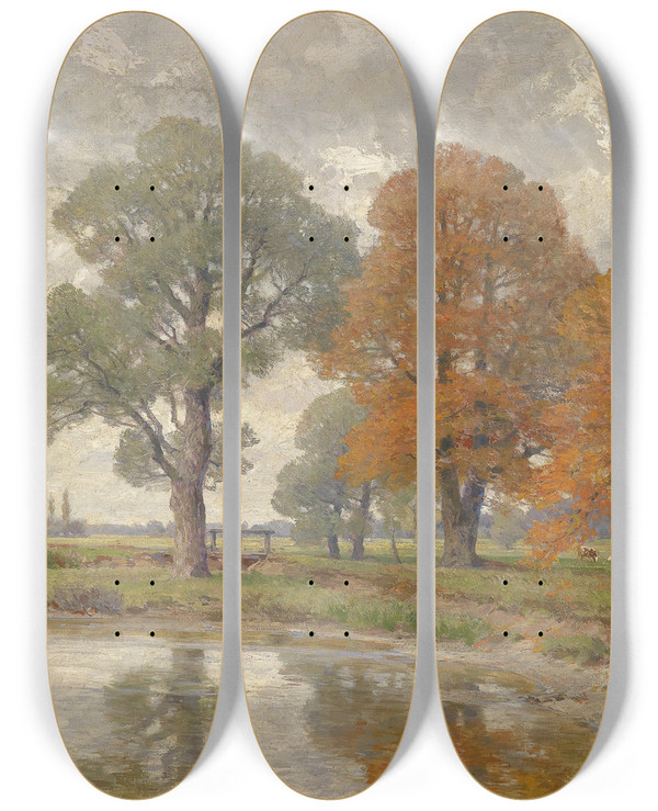 Triptych art skateboard deck of Hugo Darnaut Sptherbsttag by Hugo Darnaut (1850-1937)