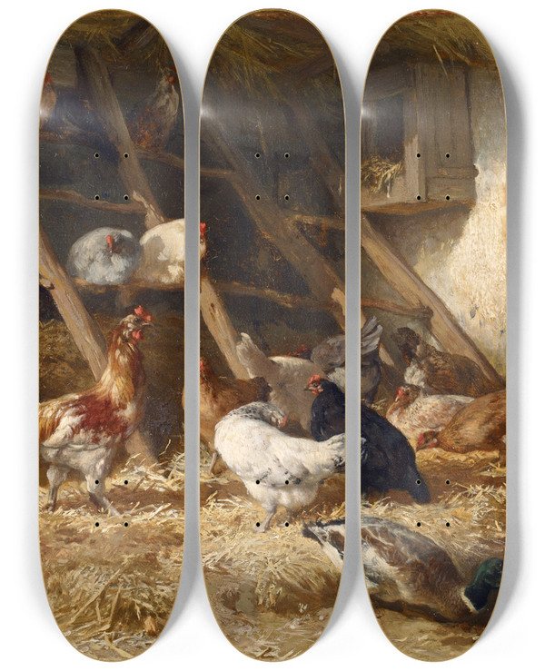 Triptych art skateboard deck of Charles Emile Jacque Hoenders by Charles Emile Jacque (1813-1894)