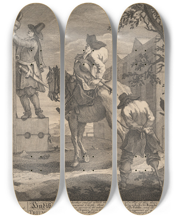 Triptych art skateboard deck of William Hogarth Hudibras Triumphant No4 by William Hogarth (1697-1764)