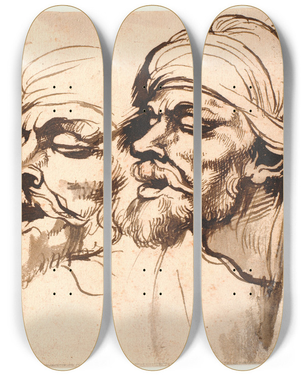 Triptych art skateboard deck of Peter Paul Rubens Three Male Heads by Peter Paul Rubens (1577-1640)