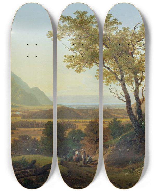 Triptych art skateboard deck of Franois Diday Lowlands With Lake Geneva by Francois Diday (1802-1877)