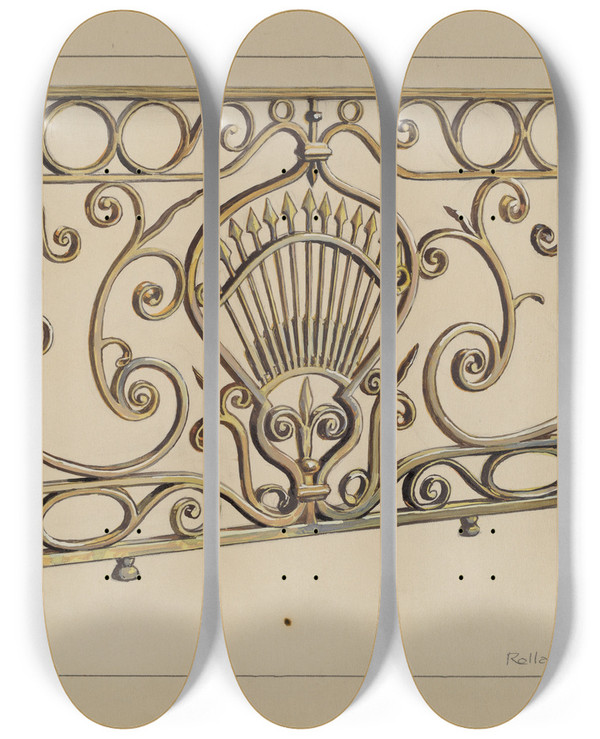 Triptych art skateboard deck of Rolland Livingstone Balcony Railing by Rolland Livingstone