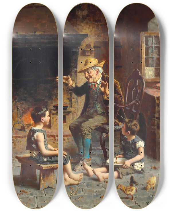 Triptych art skateboard deck of Eugenio Zampighi Storytime by Eugenio Zampighi (1859-1944)