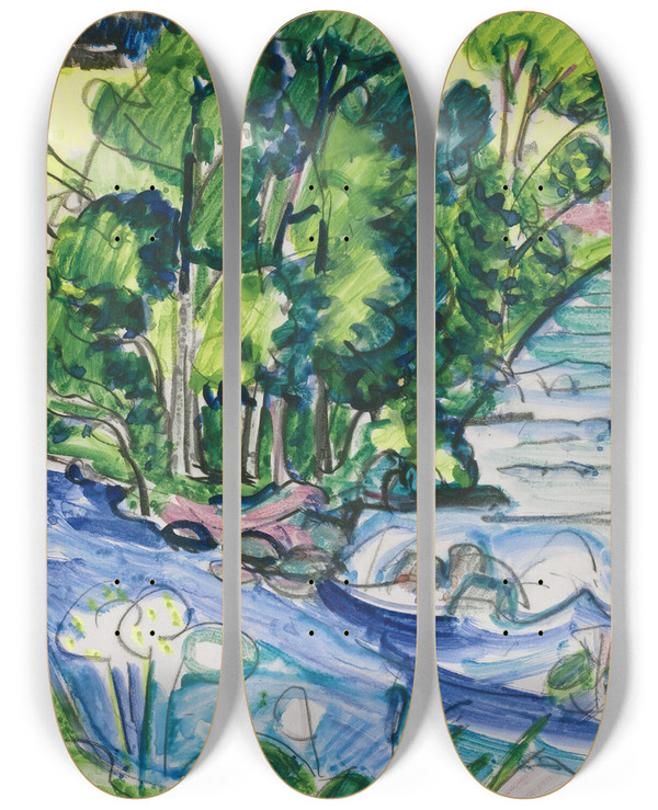 Triptych art skateboard deck of Ernst Ludwig Kirchner Wildboden Mit Kirchners Haus Kirchnershouse In The Forest by Ernst Ludwig Kirchner (1880-1938)