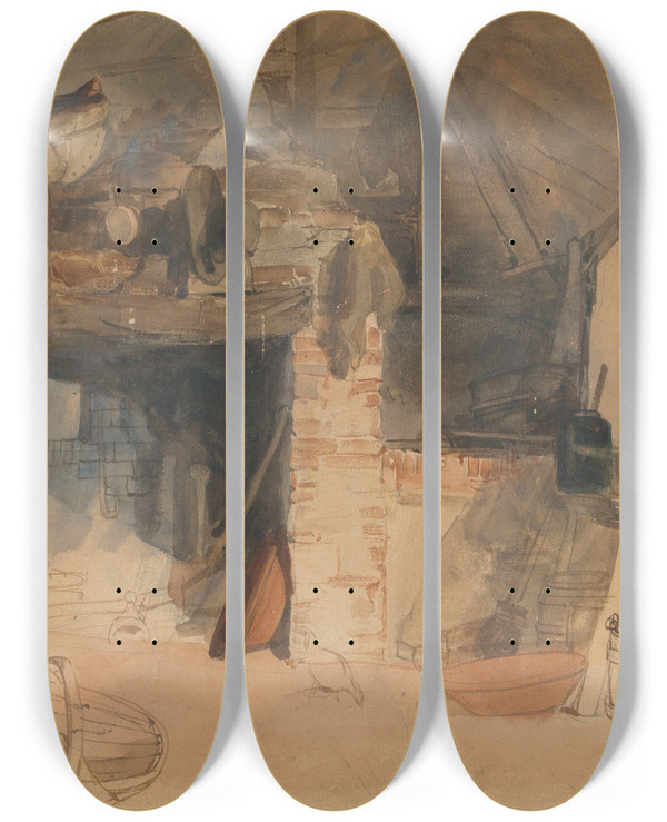 Triptych art skateboard deck of William James Mller Study Of A Rustic Interior Scene_1 by William James Muller (1812-1845)