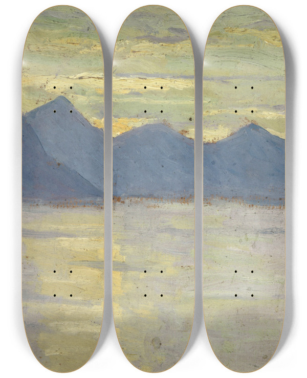 Triptych art skateboard deck of Ernst Schiess View On The Lake Of Lugano Toward The Mountains Of Porlezza by Ernst Schiess (1872-1919)