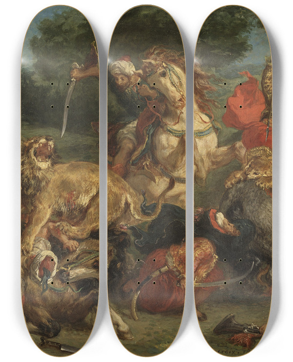 Triptych art skateboard deck of Eugne Delacroix The Lion Hunt_2 by Eugene Delacroix (1798-1863)