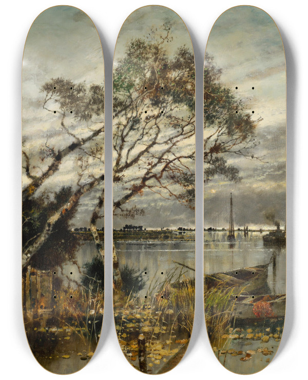 Triptych art skateboard deck of Karl Heffner Landschaft An Der Nordsee by Karl Heffner (1849-1927)