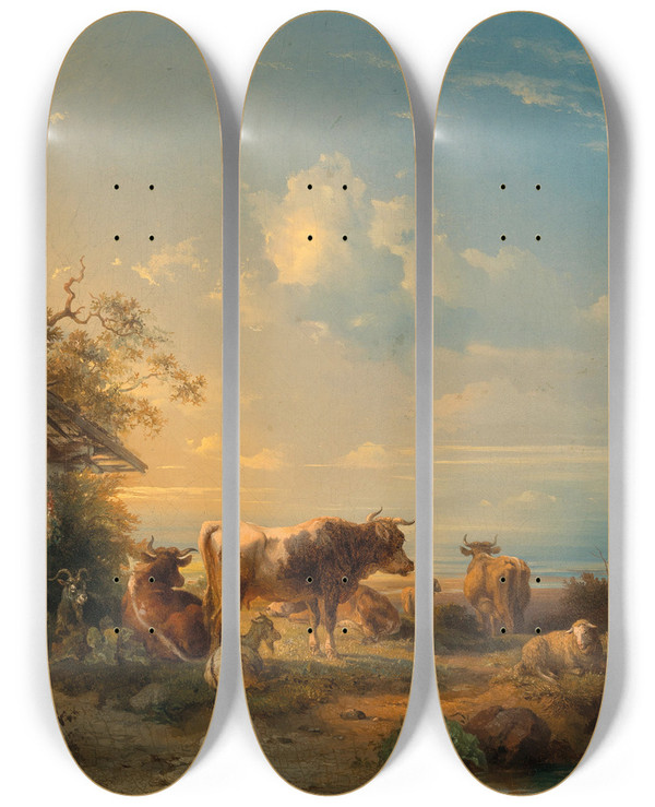 Triptych art skateboard deck of Edmund Mahlknecht Cows In A Meadow by Edmund Mahlknecht (1820-1903)
