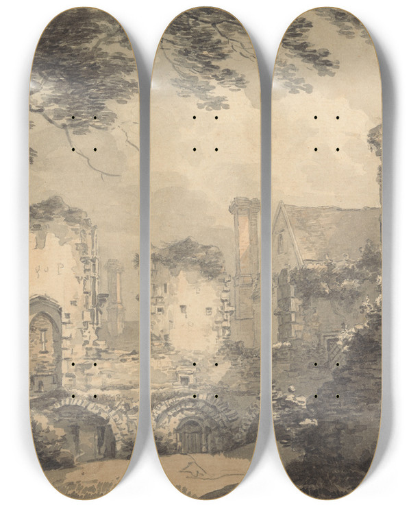 Triptych art skateboard deck of Thomas Hearne Castle Acre Priory by Thomas Hearne (1744-1817)