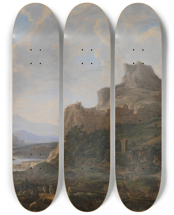 Triptych art skateboard deck of Herman Saftleven Landscape By The Rhine by Herman Saftleven (1609-1685)