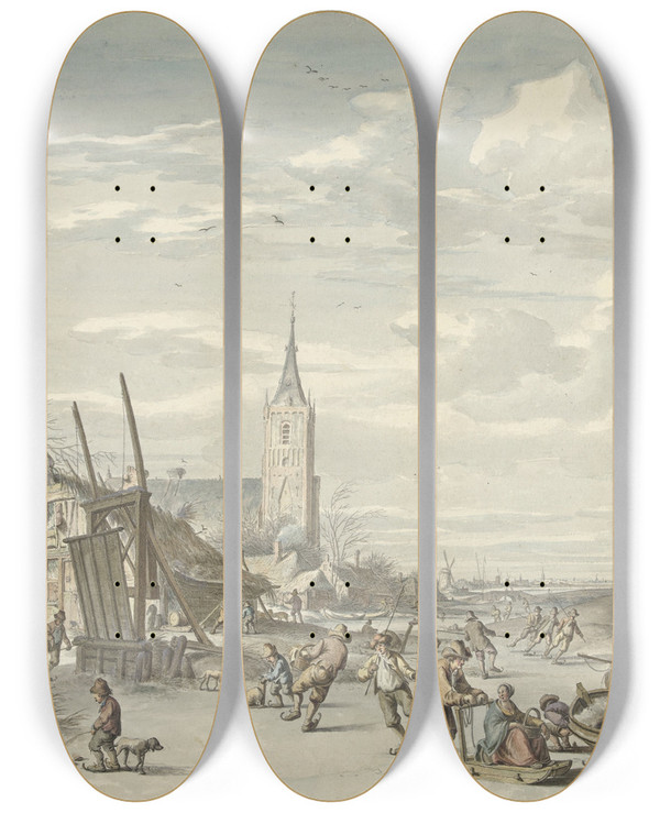 Triptych art skateboard deck of Dirk Jan Van Der Laan Winterlandschap by Dirk Jan van der Laan (1759-1829)