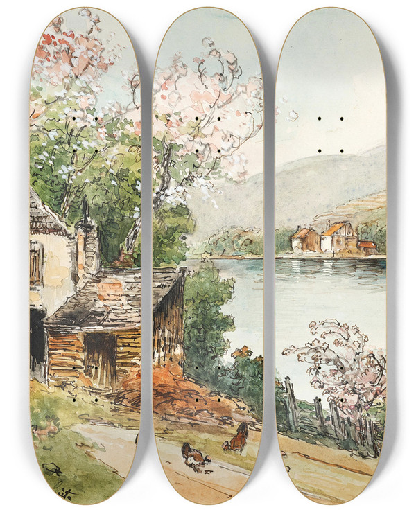 Triptych art skateboard deck of Heinrich Josef Wertheim Spring In The Wachau Valley by Heinrich Josef Wertheim