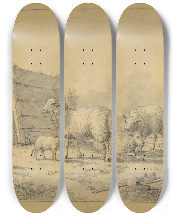 Triptych art skateboard deck of Eugne Joseph Verboeckhoven Sheep In A Landscape_2 by Eugene Joseph Verboeckhoven (1798-1881)