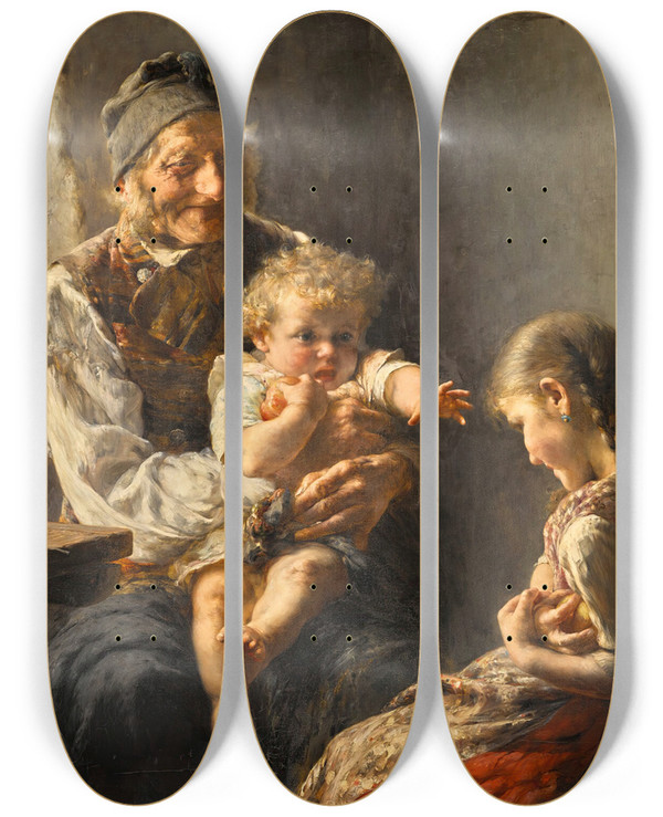 Triptych art skateboard deck of Georgios Jakobides The Ravenous One by Georgios Jakobides (1853-1932)