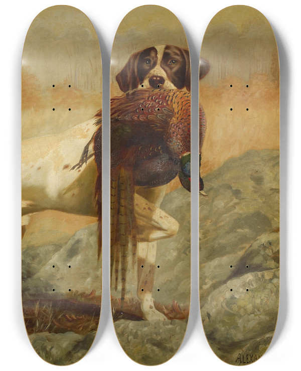 Triptych art skateboard deck of Alexander Pope Jr Pointer With Pheasant by Alexander Pope Jr 2 (1849-1924)