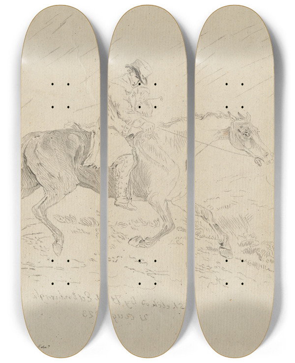 Triptych art skateboard deck of Thomas Bewick The Caders Trot by Thomas Bewick