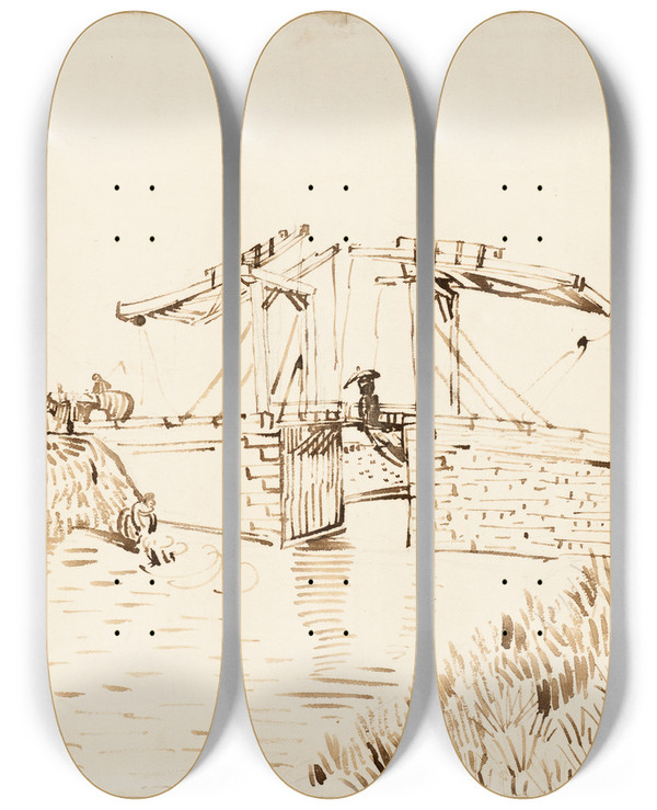 Triptych art skateboard deck of Vincent Van Gogh The Langlois Bridge_1 by Vincent van Gogh (1853-1890)