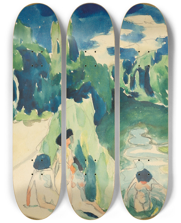 Triptych art skateboard deck of Aristarkh Vasilevich Lentulov Bathers On The Sura by Aristarkh Vasilevich Lentulov (1882-1943)
