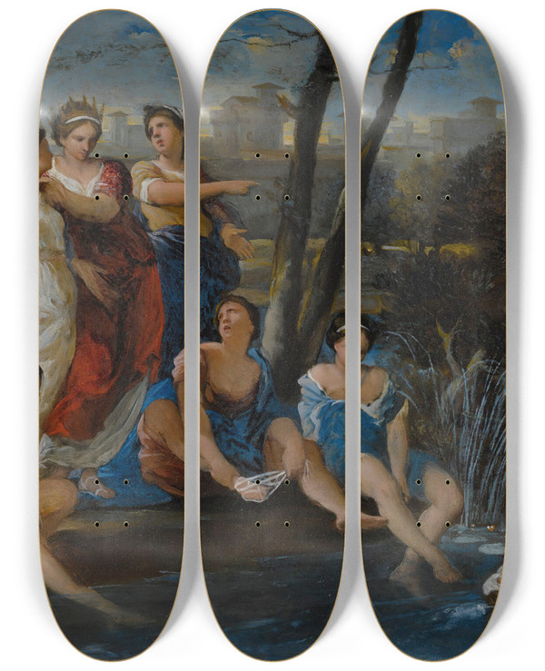 Triptych art skateboard deck of Nicolaspierre Loir The Finding Of Moses by Nicolas Pierre Loir (1624-1679)