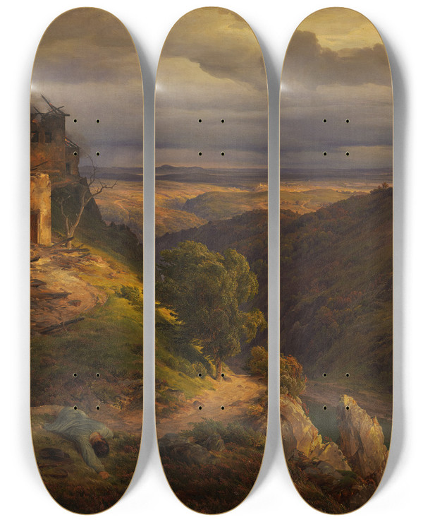 Triptych art skateboard deck of Karl Friedrich Lessing Landscape by Karl Friedrich Lessing (1808-1880)