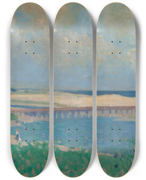 Triptych art skateboard deck of Leslie Prince Thompson Beach Scene by Leslie Prince Thompson (1880-1963)