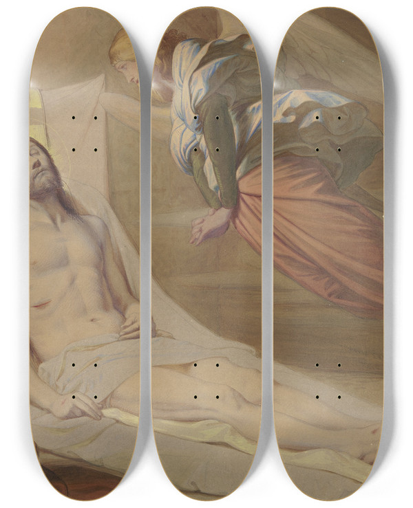 Triptych art skateboard deck of Eduard Von Steinle Christ In The Grave A Mourning Angel Hovering Over Him by Eduard Von Steinle (1810-1886)