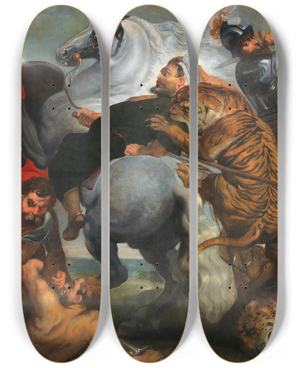 Triptych art skateboard deck of Follower Of Peter Paul Rubens The Tiger Lion And Leopard Hunt by Follower Of Peter Paul Rubens (1577-1640)
